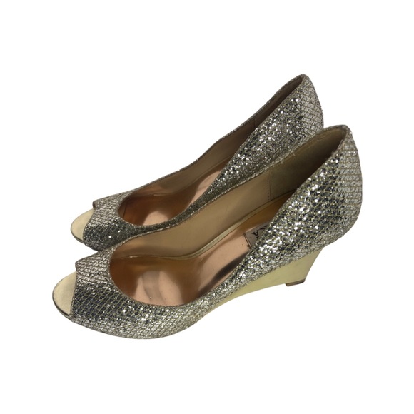 Badgley Mischka Gold Sequin Open Toe Heels Wedges - Picture 2 of 6